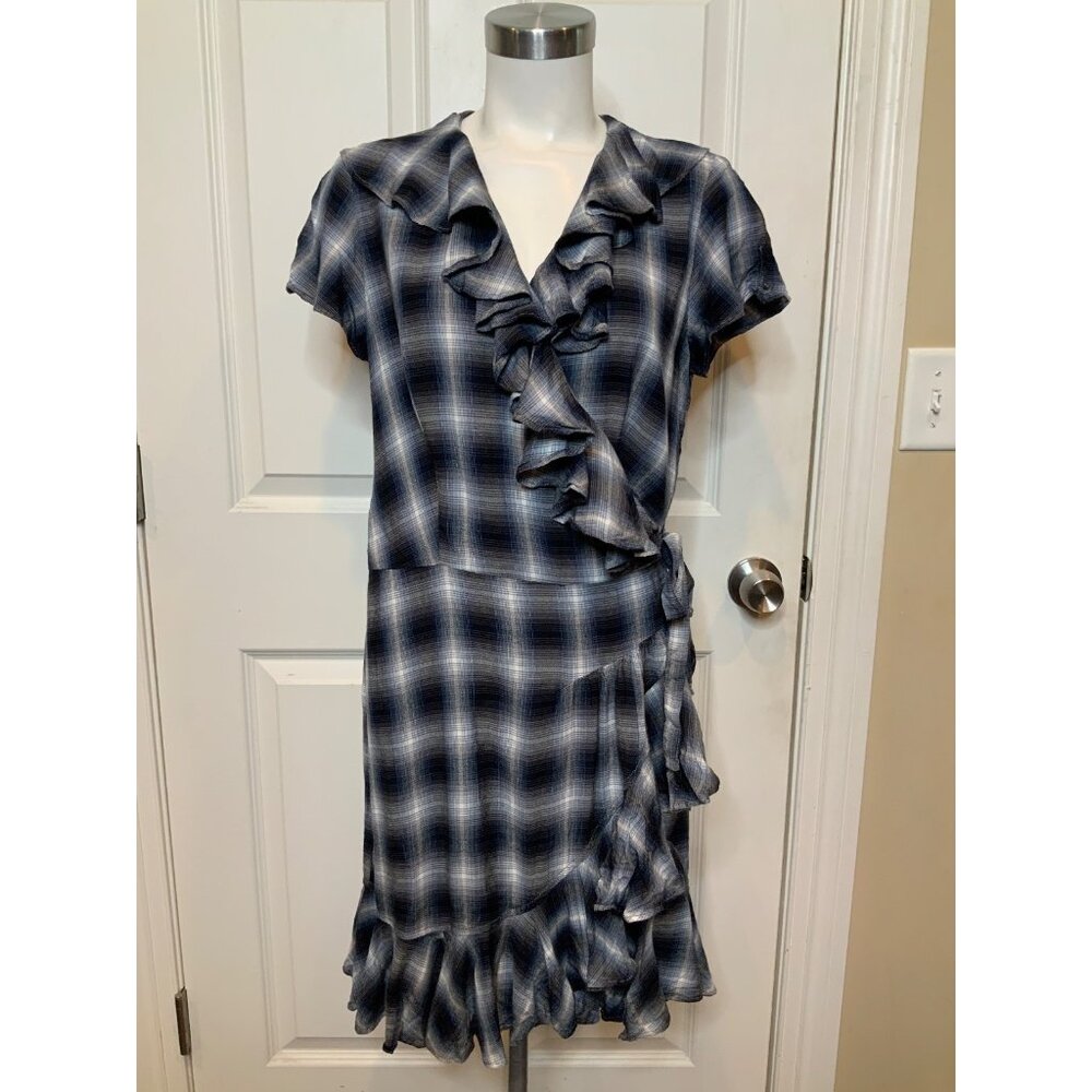 Denim & Supply Ralph Lauren Blue Plaid Ruffle Wrap Dress NWT $125, Size M